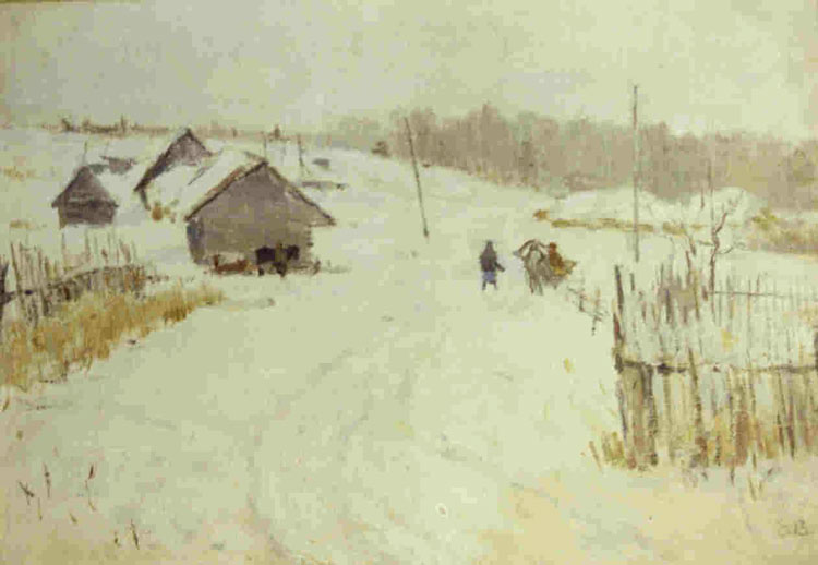 Евгений Волобуев (1912) - Околица. 1949 г. (35 x 40, дерево, масло)