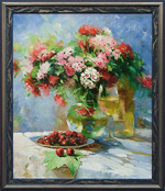 Ирина Волкова - Розовый букет и вишни на голубом фоне. 2004 г. (50 х 50)